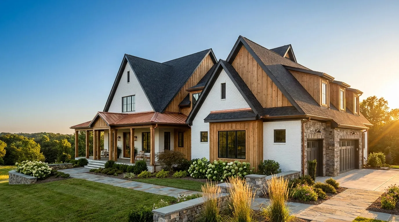 A luxury custom home in the North Carolina Triangle at golden hour with its architectural roof as the focal point